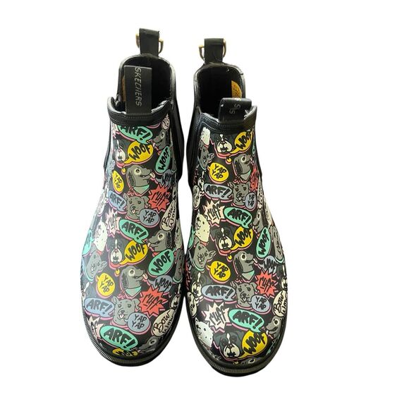 New Skechers Womens Black Dog Print BOBS Rain Check Waterproof Boots Size 10 - Picture 1 of 8